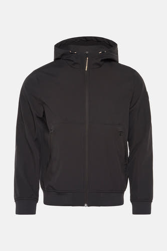 Zwarte regenjas van ONLY & SONS® met capuchon, ritssluiting en zakken aan de voorkant.