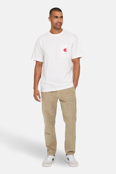 Beige broek van ONLY & SONS, met een corduroy textuur, gecombineerd met een wit T-shirt en sneakers.

