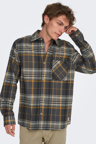 Grijs overhemd met lange mouwen van ONLY & SONS, met een geruit patroon en borstzak.
