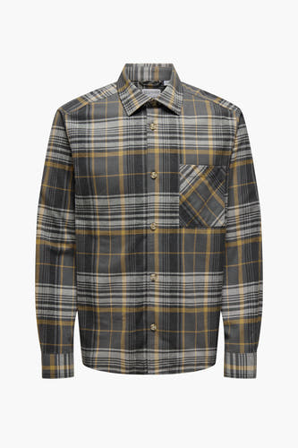 Grijs overhemd met lange mouwen van ONLY & SONS®, met ruitpatroon en borstzak.