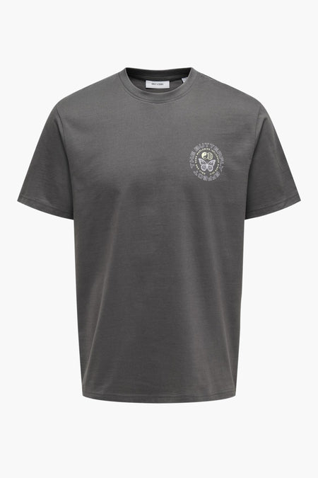Grijs T-shirt met korte mouwen van ONLY & SONS, met een ronde hals en een grafische print op de borst.