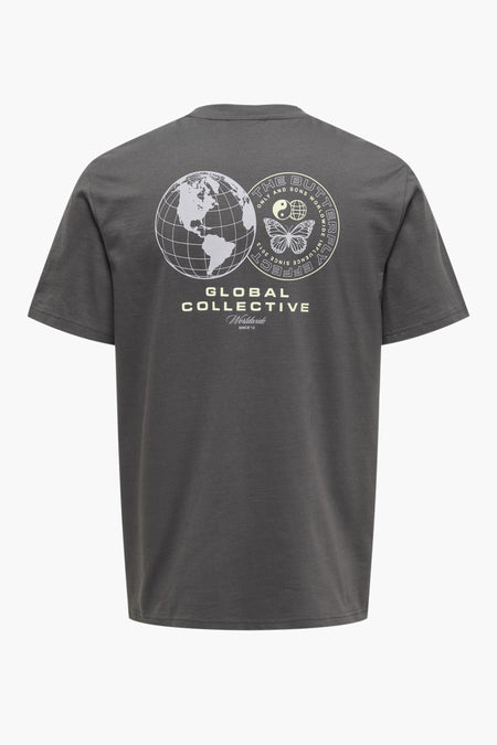 Grijs T-shirt met korte mouwen van ONLY & SONS, met wereldbol en decoratieve tekstprint op de rug.