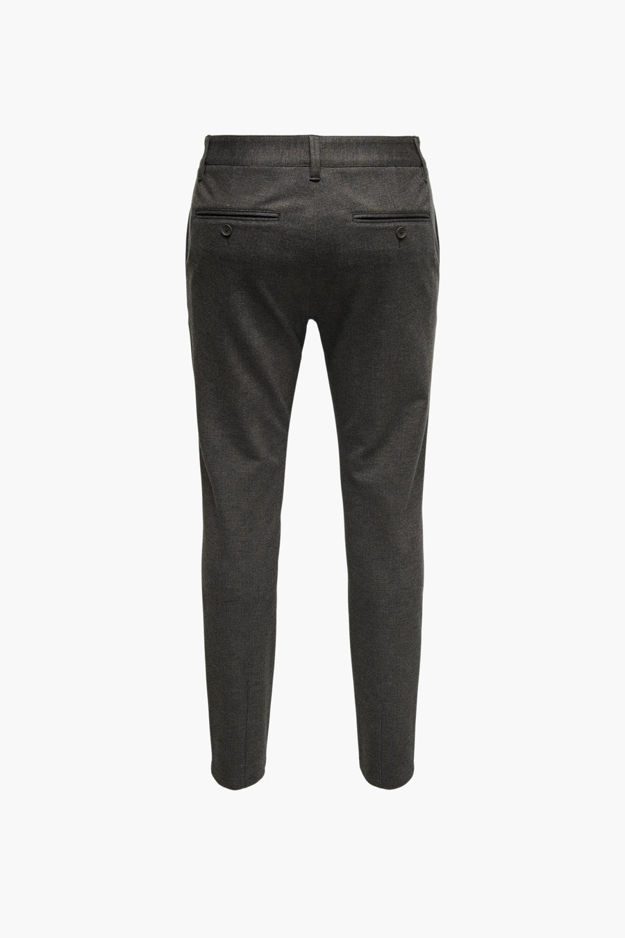 Donkergrijze pantalon met achterzakken.