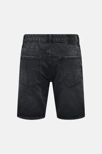 Short en jean noir ONLY & SONS, avec poches arrière et une étiquette en cuir sur la ceinture.