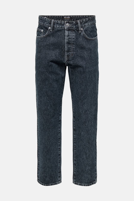 Jean droit bleu marine d'ONLY & SONS, avec une texture denim stonewashed.
