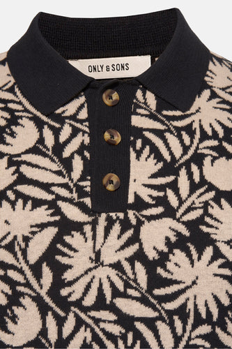 Donkerblauw-beige gestreepte polo met knopen.