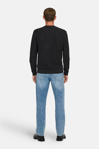 Zwarte trui met ronde hals van ONLY & SONS, achterkant, gecombineerd met een blauwe jeans en zwarte schoenen.
