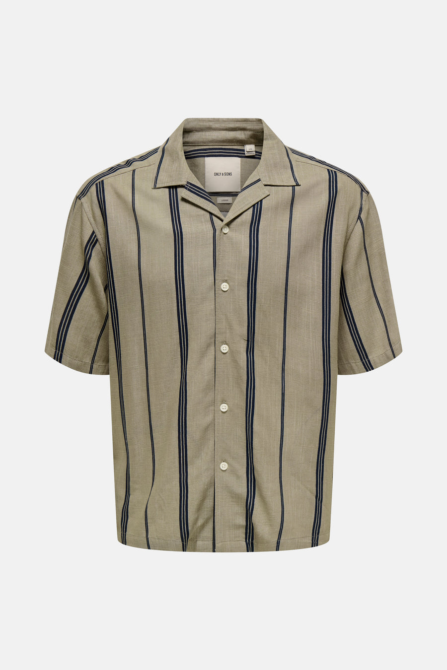 Kaki hemd met korte mouwen van ONLY & SONS, met verticale gestreepte patronen en knoopsluiting.
