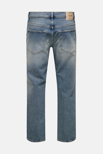 Jean bleu droit de ONLY & SONS, avec des poches à l'arrière et un étiquette de marque.