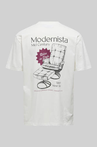 T-shirt blanc à manches courtes de ONLY & SONS, avec une impression Modernista d'une chaise et le texte 'Relax in Style'.