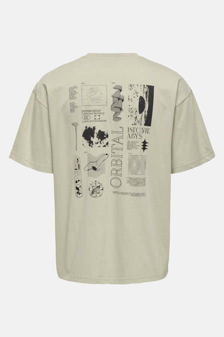 Beige T-shirt met korte mouwen van ONLY & SONS® met zwarte technische tekeningen op de rug.
