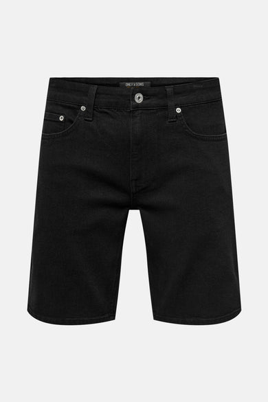 Zwarte short van ONLY & SONS, zonder patronen, met zakken en metalen details.