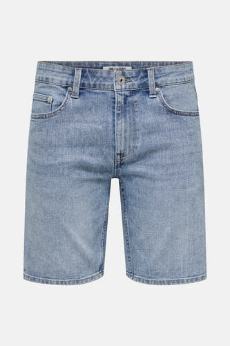 Short light blue denim pants from ONLY & SONS, with back pockets and a brand label.