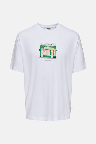 Wit T-shirt met korte mouwen van ONLY & SONS, met groene winkelprint en opschrift "Since 1908".