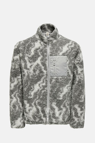 Manteau court gris d'ONLY & SONS®, avec un motif abstrait gris et blanc et une texture cotonneuse.
