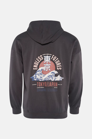 Pull-over gris avec capuche de ONLY & SONS, doté d'une impression graphique Tokyo sur le dos.