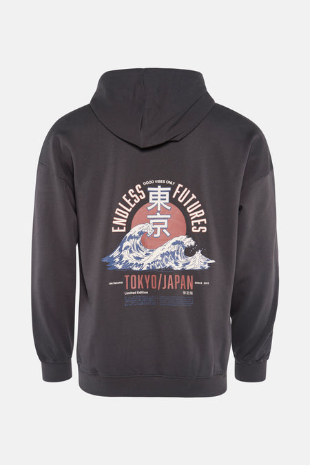 Pull-over gris avec capuche de ONLY & SONS, doté d'une impression graphique Tokyo sur le dos.