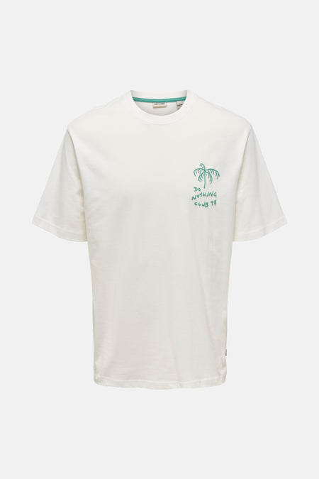 Wit T-shirt met korte mouwen van ONLY & SONS met groene print van een palmboom en tekst.