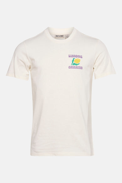 Geel T-shirt met korte mouwen van ONLY & SONS, met "Limone Granita" print op de borst.
