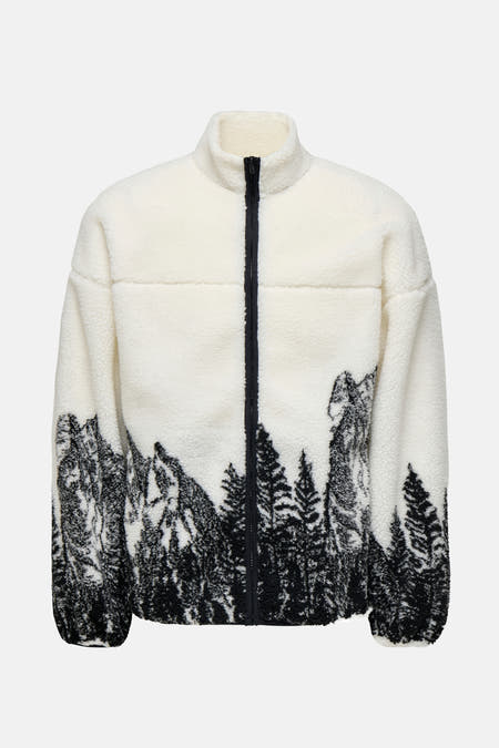 Witte fleece van ONLY & SONS, met een ritssluiting en een zwarte print van bergen en bomen.
