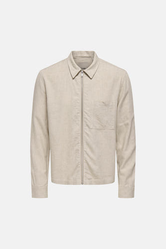Beige hemd met lange mouwen van ONLY & SONS met ritssluiting en borstzak, in gemêleerde stof.