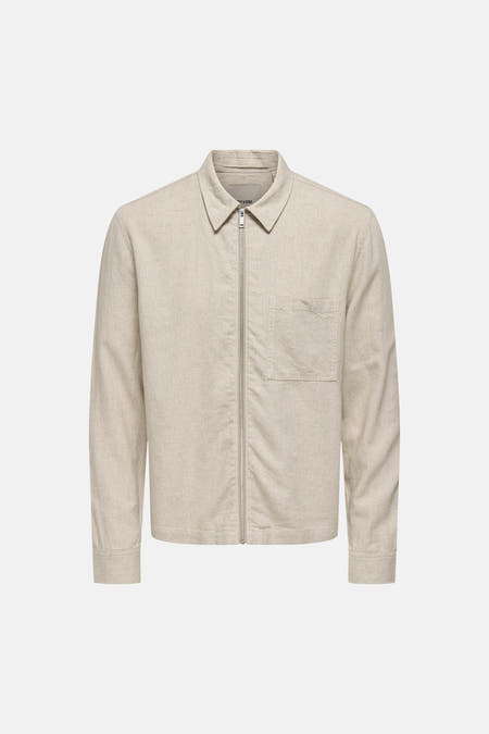 Beige hemd met lange mouwen van ONLY & SONS met ritssluiting en borstzak, in gemêleerde stof.