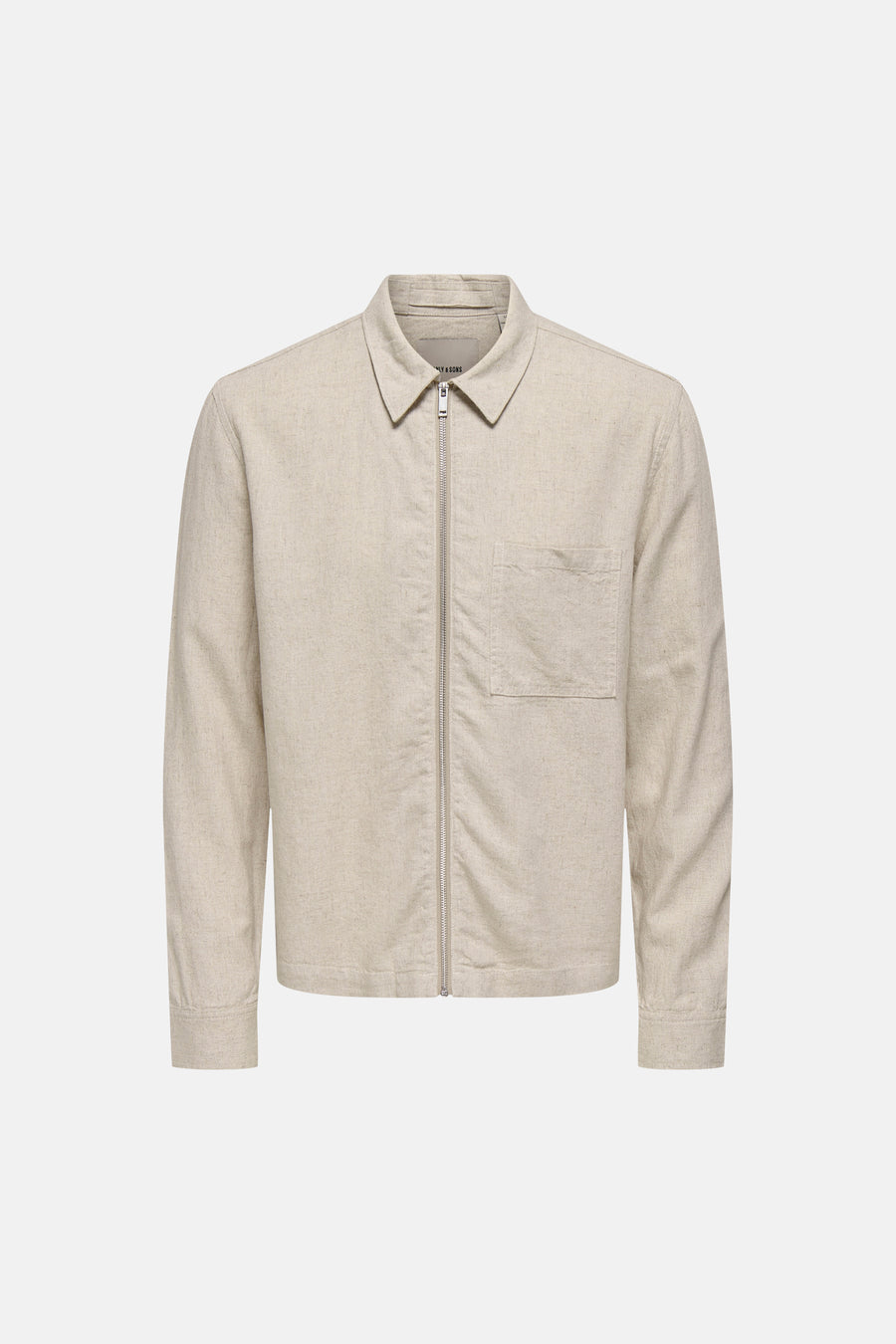Beige hemd met lange mouwen van ONLY & SONS met ritssluiting en borstzak, in gemêleerde stof.