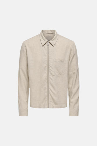 Beige hemd met lange mouwen van ONLY & SONS®, met ritssluiting, borstzak en lichte textuur.