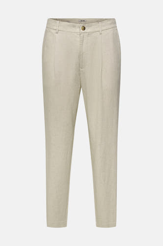 Beige broek van ONLY & SONS met linnen-achtige textuur, plooien en knoopsluiting.