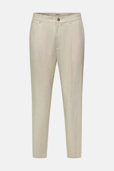 Pantalon beige de ONLY & SONS avec texture aspect lin, plis et fermeture à bouton.