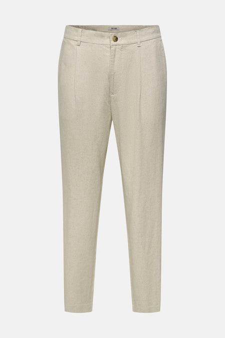 Beige broek van ONLY & SONS met linnen-achtige textuur, plooien en knoopsluiting.