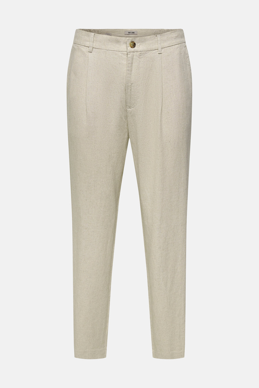 Beige broek van ONLY & SONS met linnen-achtige textuur, plooien en knoopsluiting.