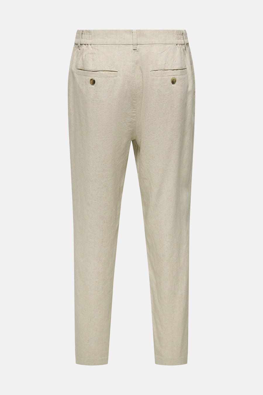 Beige linnen broek van ONLY & SONS® met elastische tailleband, twee knoopzakken en kortere pijpen, van achteren gezien.