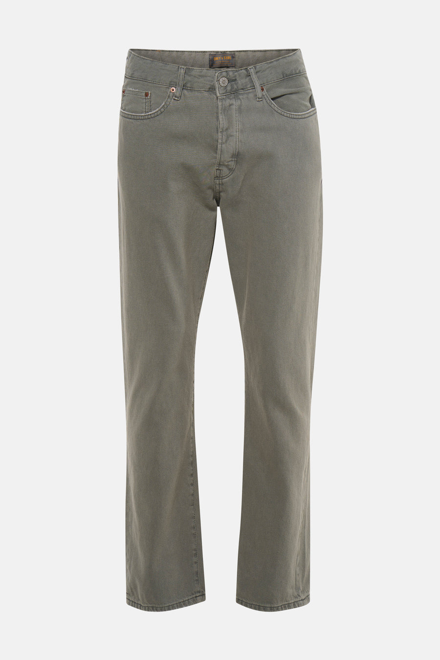 Heren kaki jeans van ONLY & SONS met klassieke 5-pocket stijl, lichte wassing en knoopgulp, voorzijde.