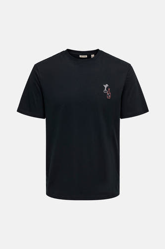 T-shirt noir à manches courtes de ONLY & SONS, avec de petits éléments brodés décoratifs.