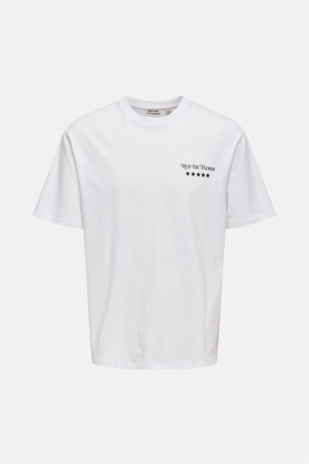 T-shirt blanc à manches courtes ONLY & SONS®, avec imprimé texte noir et étoiles.
