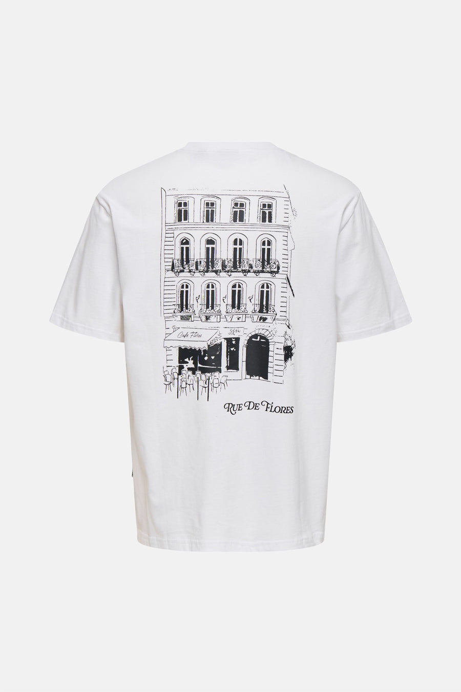 Wit T-shirt met korte mouwen van ONLY & SONS®, met een zwart-wit print van een gebouw op de achterkant.
