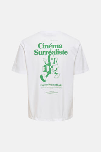 T-shirt blanc à manches courtes de ONLY & SONS®, avec une impression "Cinema Surréaliste" sur le dos.