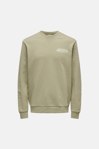 Pull beige à col rond de ONLY & SONS®, avec imprimé décoratif du texte Montmartre sur la poitrine.