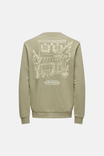 Pull beige à col rond ONLY & SONS, avec imprimé graphique d'un café au dos.