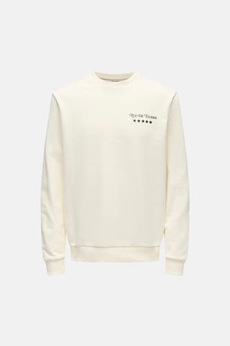 Pull blanc à col rond de ONLY & SONS®, avec "Rue De Flores" et des étoiles dessus.