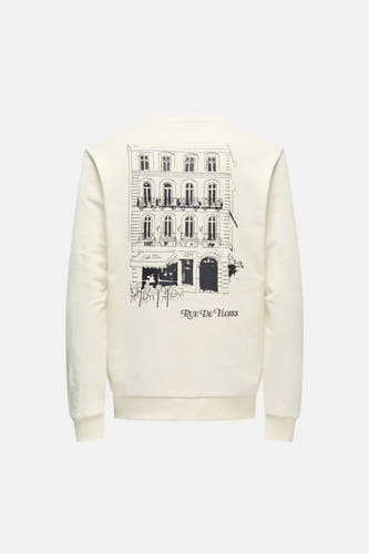 Pull blanc à col rond de ONLY & SONS®, avec imprimé d'un café parisien au dos.