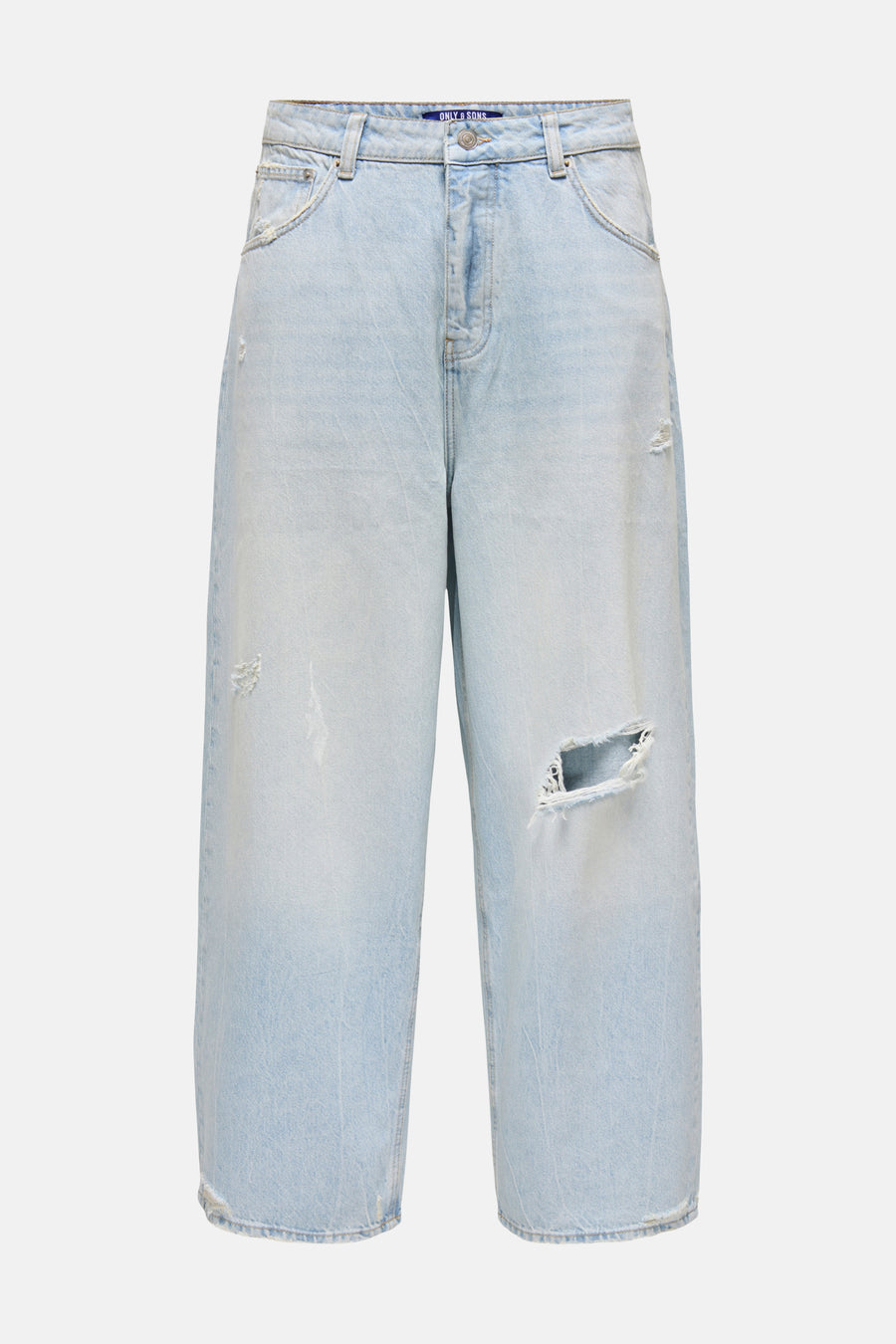 Lichtblauwe wijde jeans van denim van ONLY & SONS met scheuren en een faded wassing.