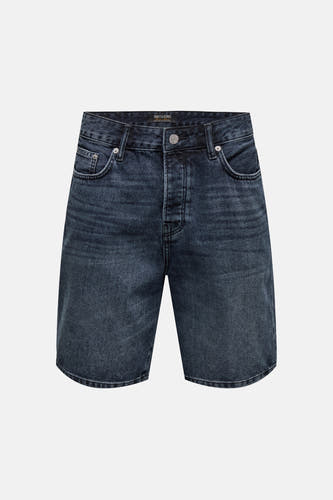 Short en jean en denim bleu-noir ONLY & SONS® avec fermeture à boutons et délavage léger.