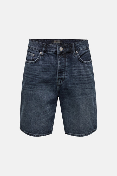 Blauwzwarte denim jeansshort van ONLY & SONS® met knoopsluiting en lichte fading.