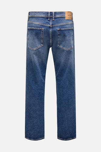 Blauwe straight jeans van ONLY & SONS, achterkant, met backpockets en een leren patch.