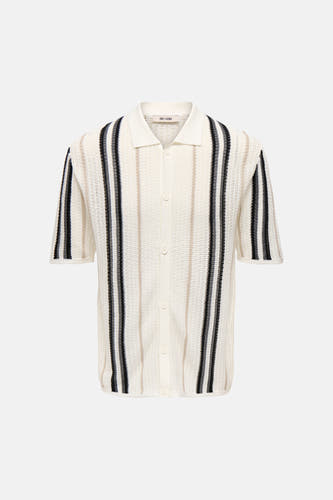 Ecru opengebreide polo van ONLY & SONS met verticale strepen in zwart, grijs en beige en knoopsluiting.