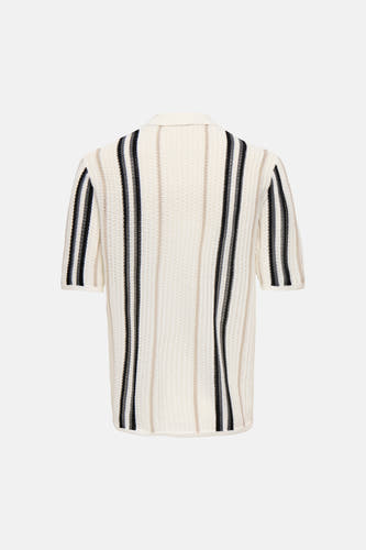 Ecru trui van ONLY & SONS® met kraag, korte mouwen, verticale zwarte, grijze en beige strepen en een grof breisel, achterzijde.