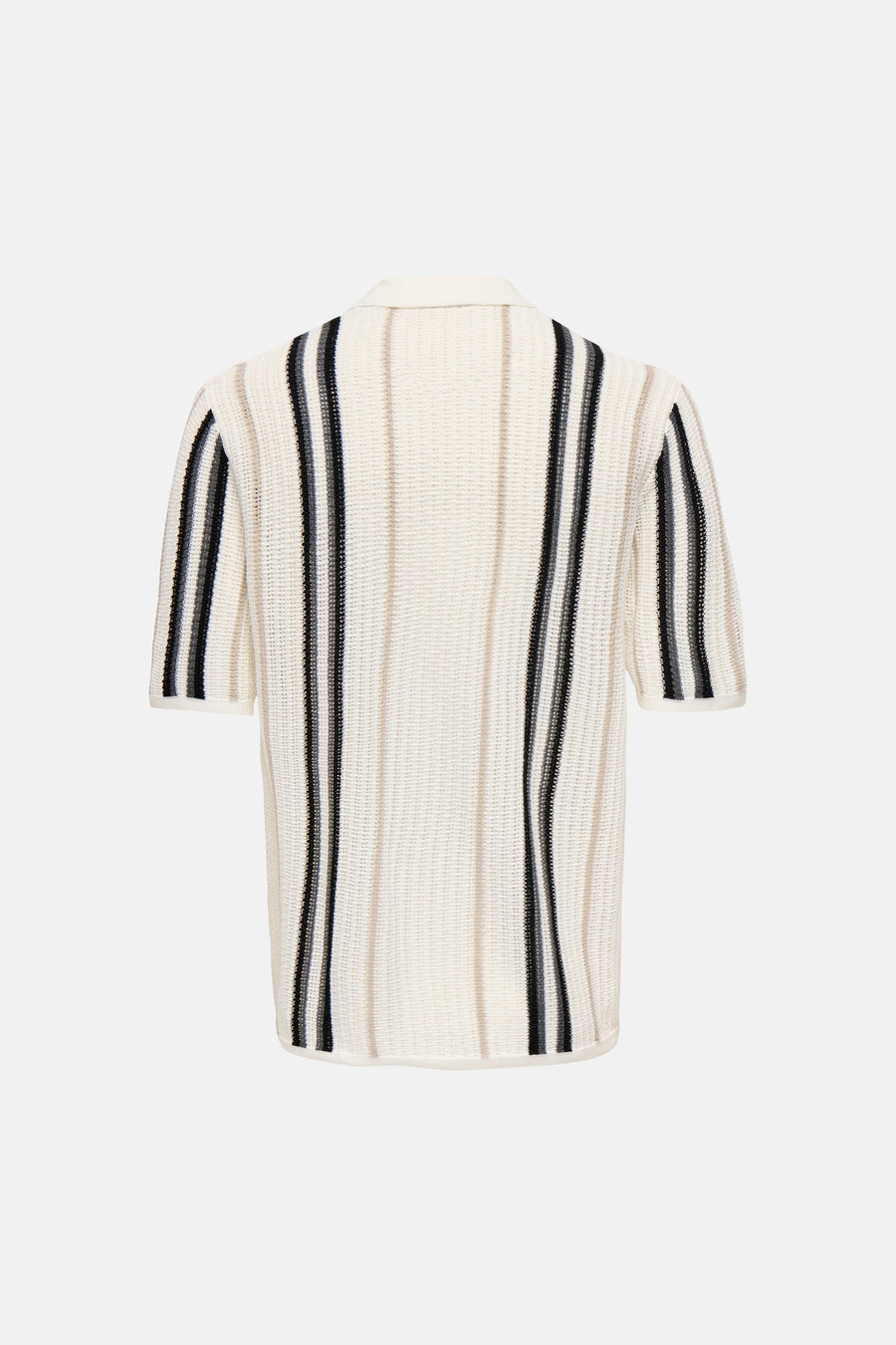 Ecru trui van ONLY & SONS® met kraag, korte mouwen, verticale zwarte, grijze en beige strepen en een grof breisel, achterzijde.