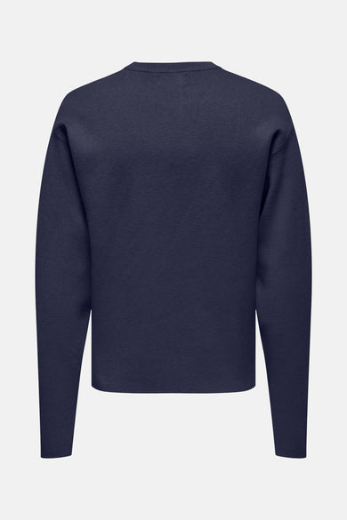 Blauwe trui met ronde hals van ONLY & SONS®, effen stof en lange mouwen, achteraanzicht.